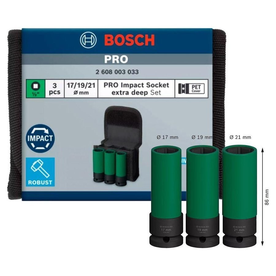 Bosch Bosch PRO Impact Socket Extra Deep Socket Wrench Set 3pcs (17,19,21mm), General Hardware Sockets & Ratchets — Southend