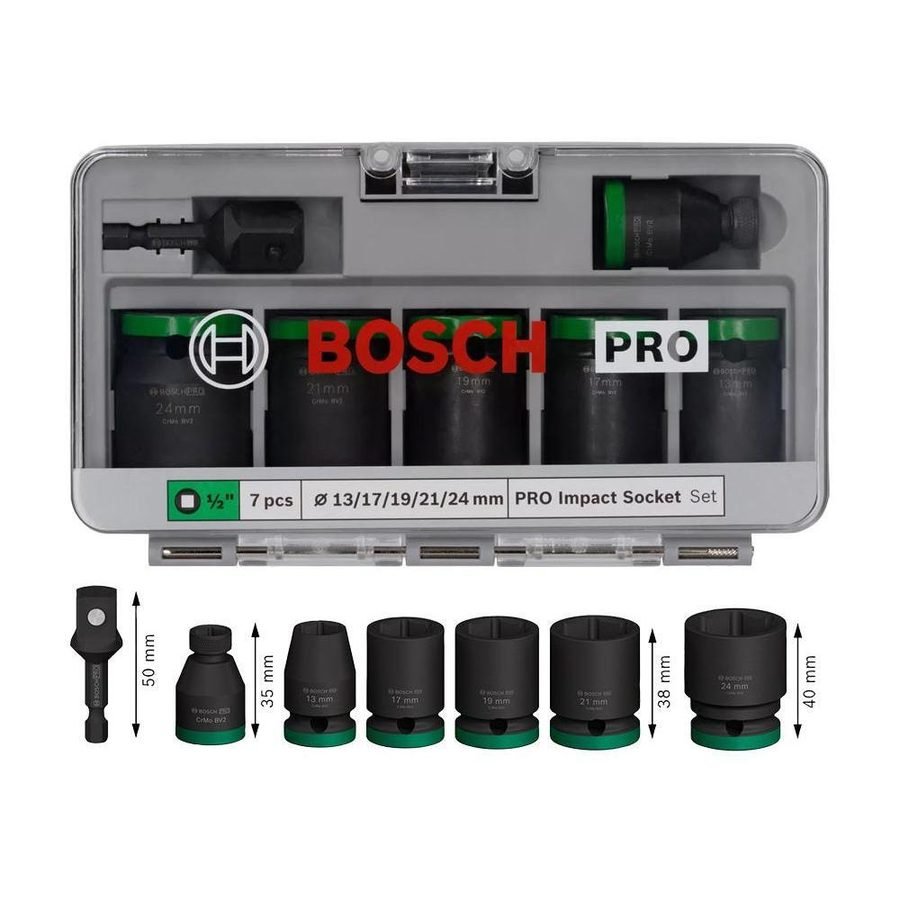 Bosch Bosch PRO Impact Socket Wrench 1/2" Drive Standard 7 Pcs With 1/4" Adapt, General Hardware Sockets & Ratchets — Southen