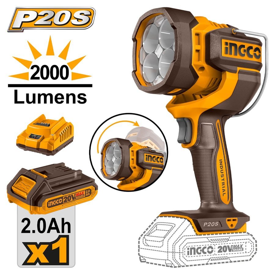Ingco Ingco CWLI20881 Cordless Work Lamp / Flashlight 20V 2.0AH Kit, General Hardware Flashlights & Worklights — Southend Phi