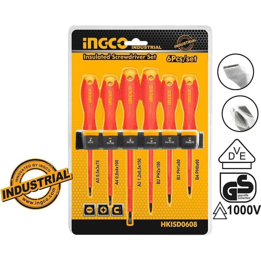 Ingco Ingco HKISD0608 Insulated 6pcs Screwdriver Set (Round Shank) 1000V, General Hardware Screwdrivers & Bits — Southend Phi