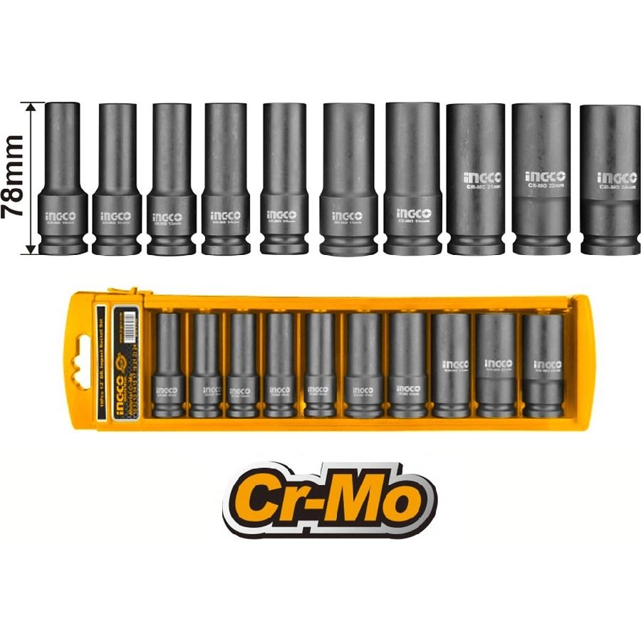 Ingco Ingco HKISSD12102L 10pcs 1/2" Deep Impact Socket Wrench 1/2" Drive, General Hardware Sockets & Ratchets — Southend Phil