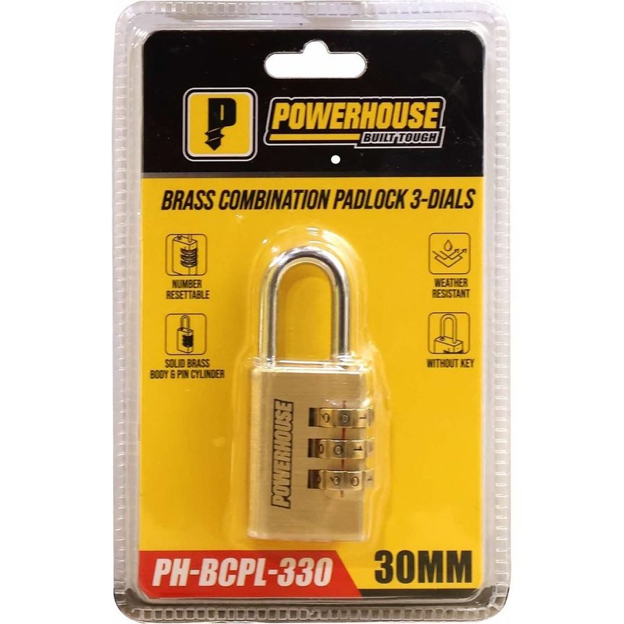 Powerhouse PH-BCPL-330 Brass Combination Padlock 3-Dials (30mm)