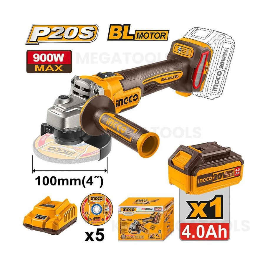 Ingco CAGLI261021 Li-Ion Cordless Angle Grinder 20V