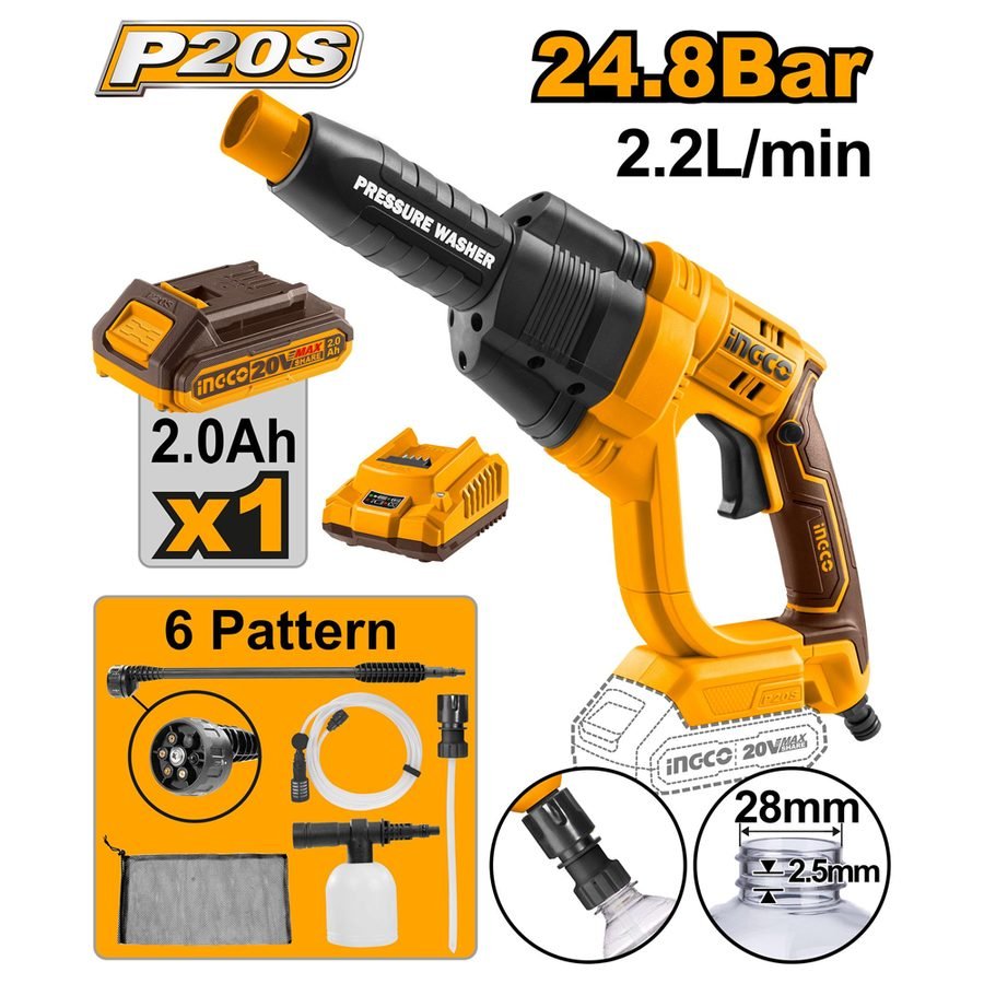 Ingco Ingco CPWLI20082 Cordless Li-Ion High Pressure Washer 20V 2.0AH, Power Tools Batteries & Chargers — Southend Philippine