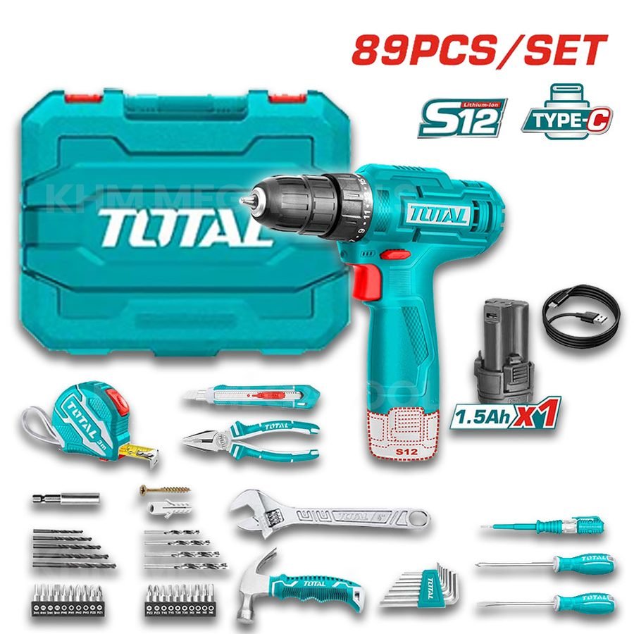 Total THKTHP10892 89 Pcs Tool Set With Cordless Drill 12V