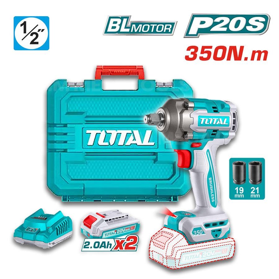 Total TIWLI2035 Brushless Cordless Impact Wrench 20V 350N.M (Kit)