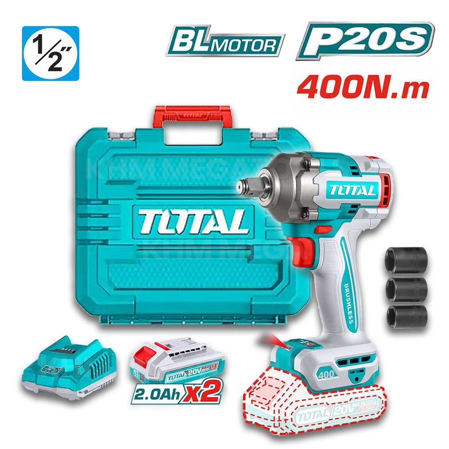 Total TIWLI2040 Brushless Cordless Impact Wrench 20V 400N.M (Kit)