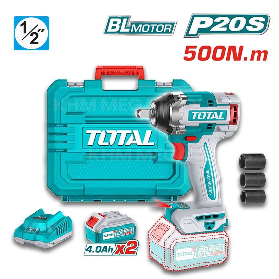 Total TIWLI2050 Brushless Cordless Impact Wrench 20V 500N.M (Kit)